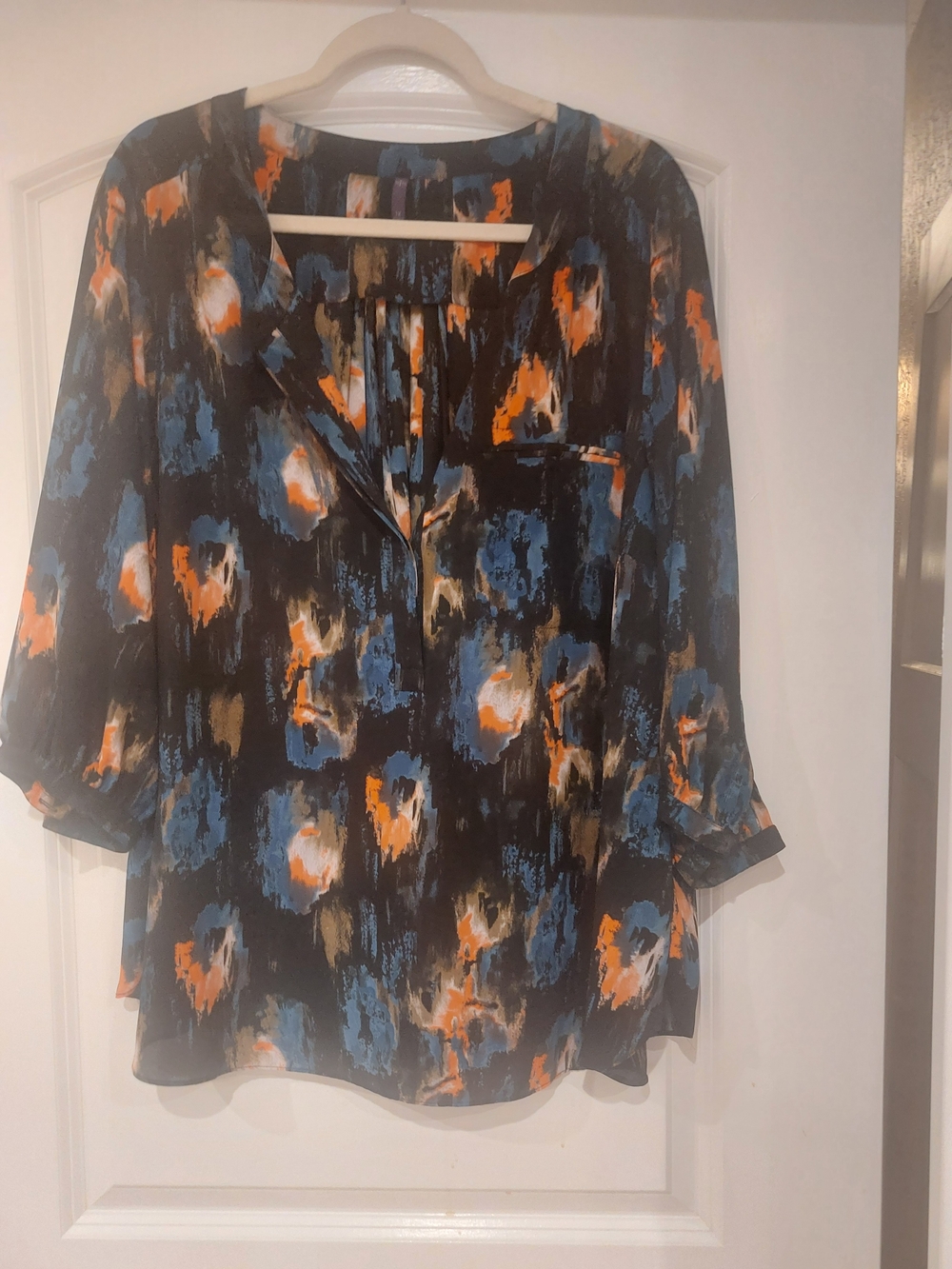 NYDJ Abstract Brushstroke Split-Neck Blouse - Black, Blue & Orange
